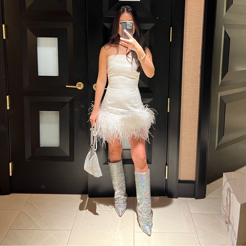 Bridal bachelorette white strapless feather trim dress